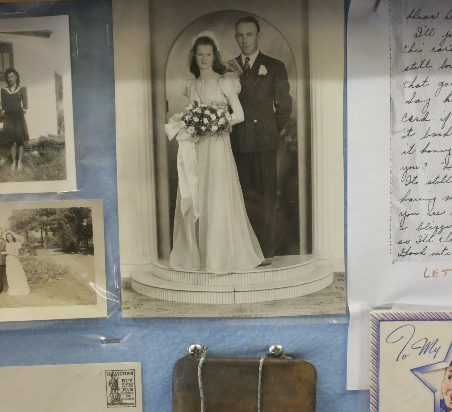 A partial view of the Harms exhibit, with a wedding day photo of Howard and Millie.